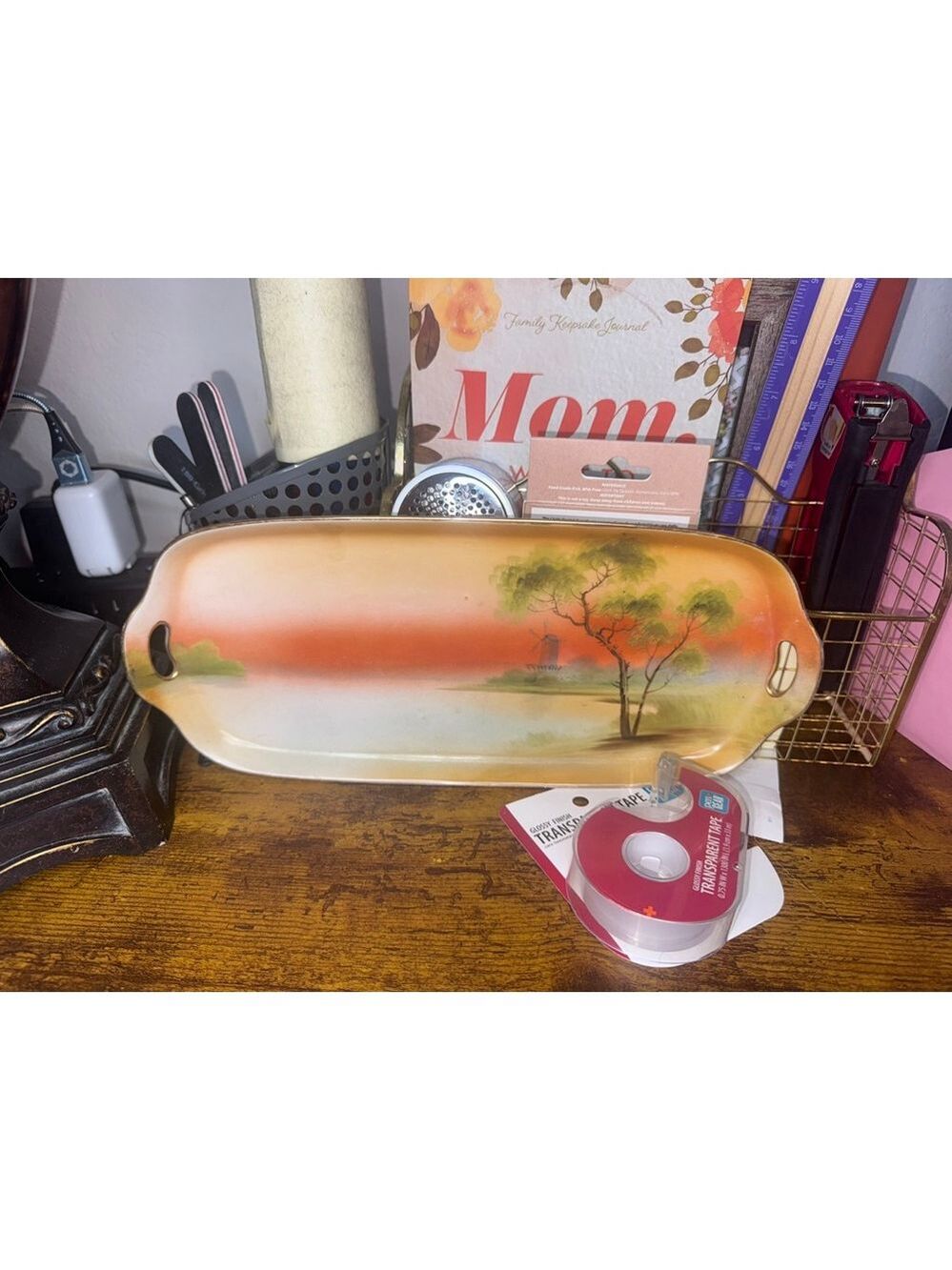 Vintage Japan tray windmill scene orange scenic, pattern, trees  - Picture 6 of 9
